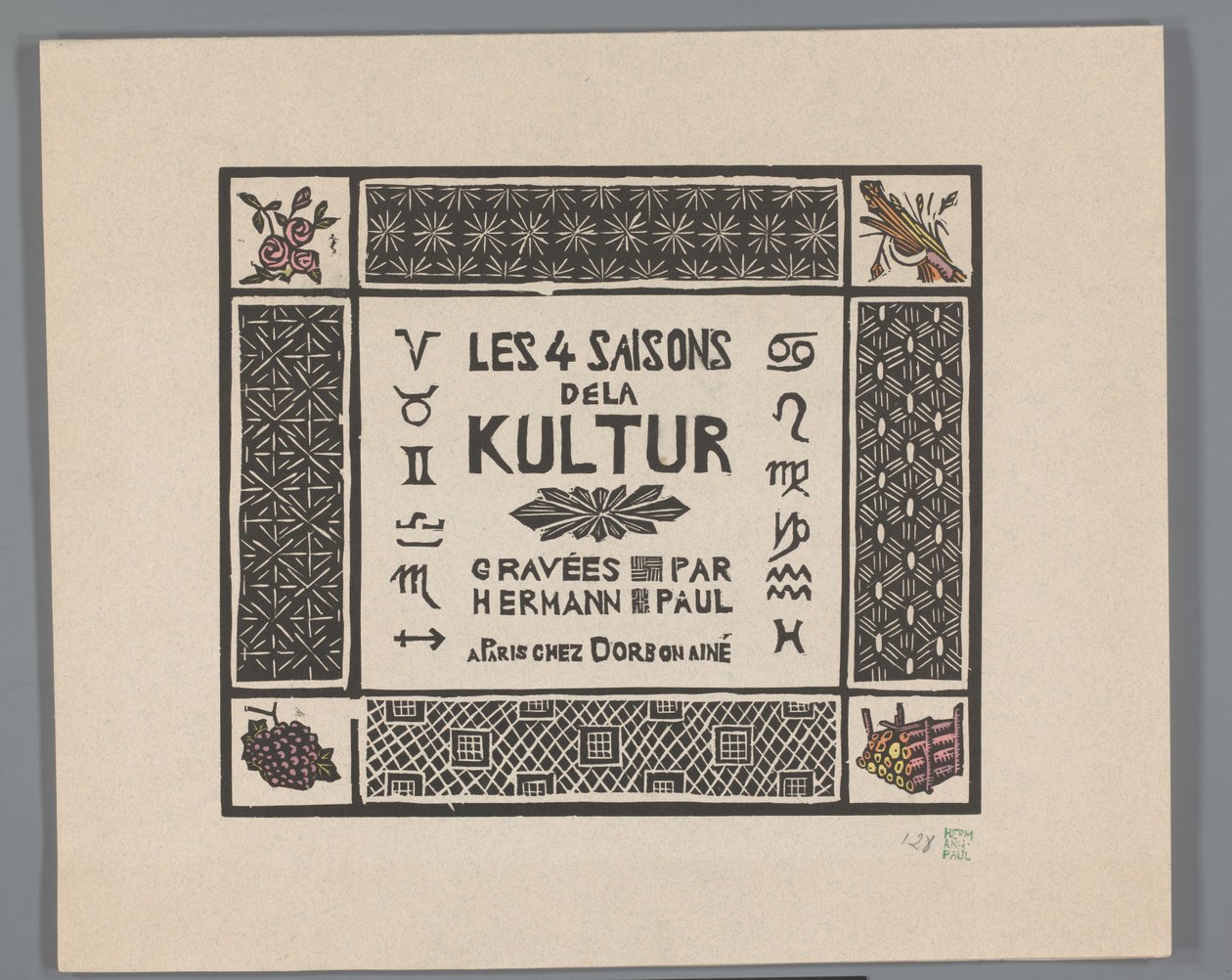Borító az első világháború borzalmait ábrázoló négy nyomathoz Les 4 saisons dela kultur (sorozat címe az objektumon) alkotó: Georges Hermann Rene Paul