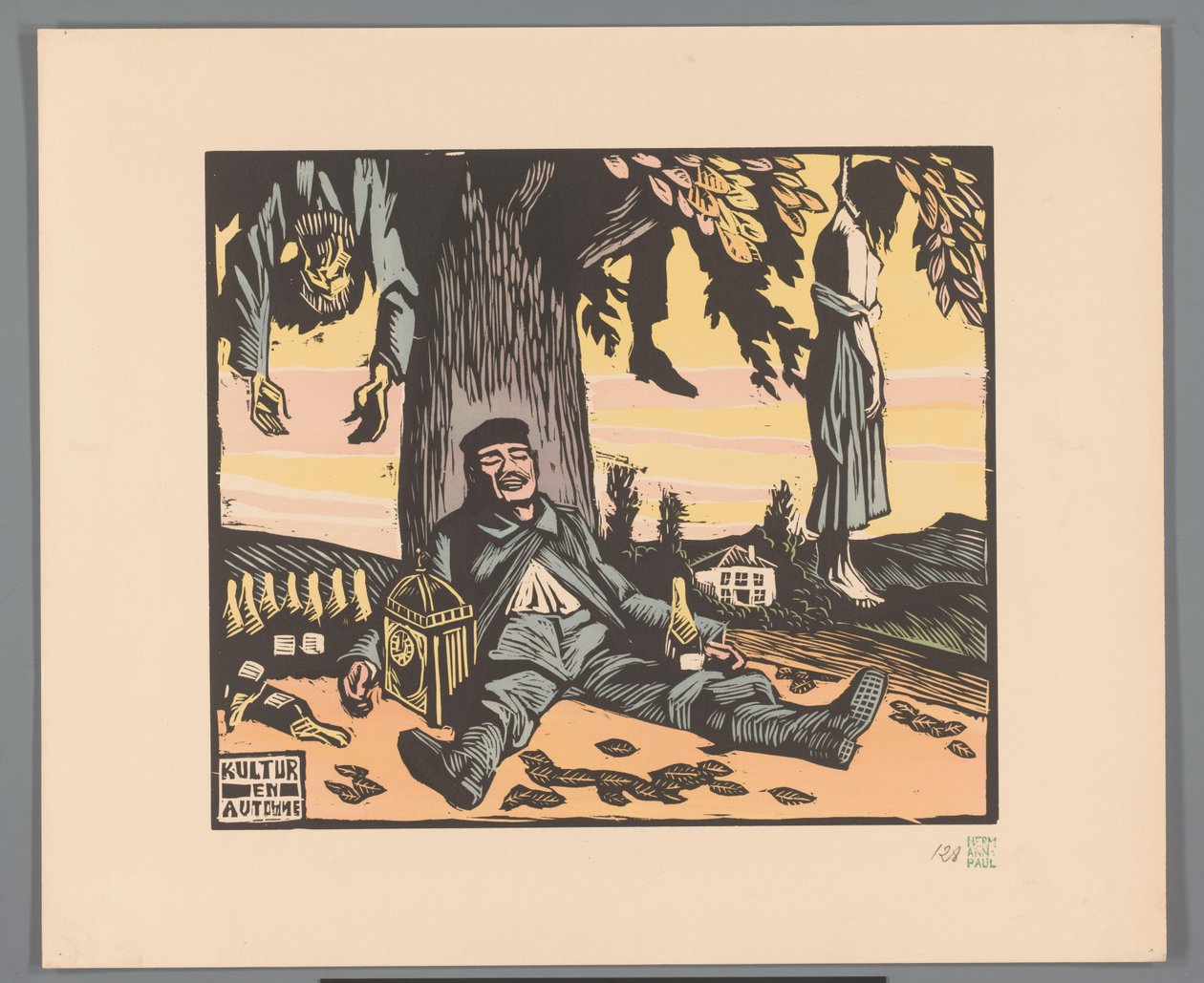 Katona feküdt egy fának akasztott emberekkel Kultur en automne (cím a tárgyon) alkotó: Georges Hermann Rene Paul