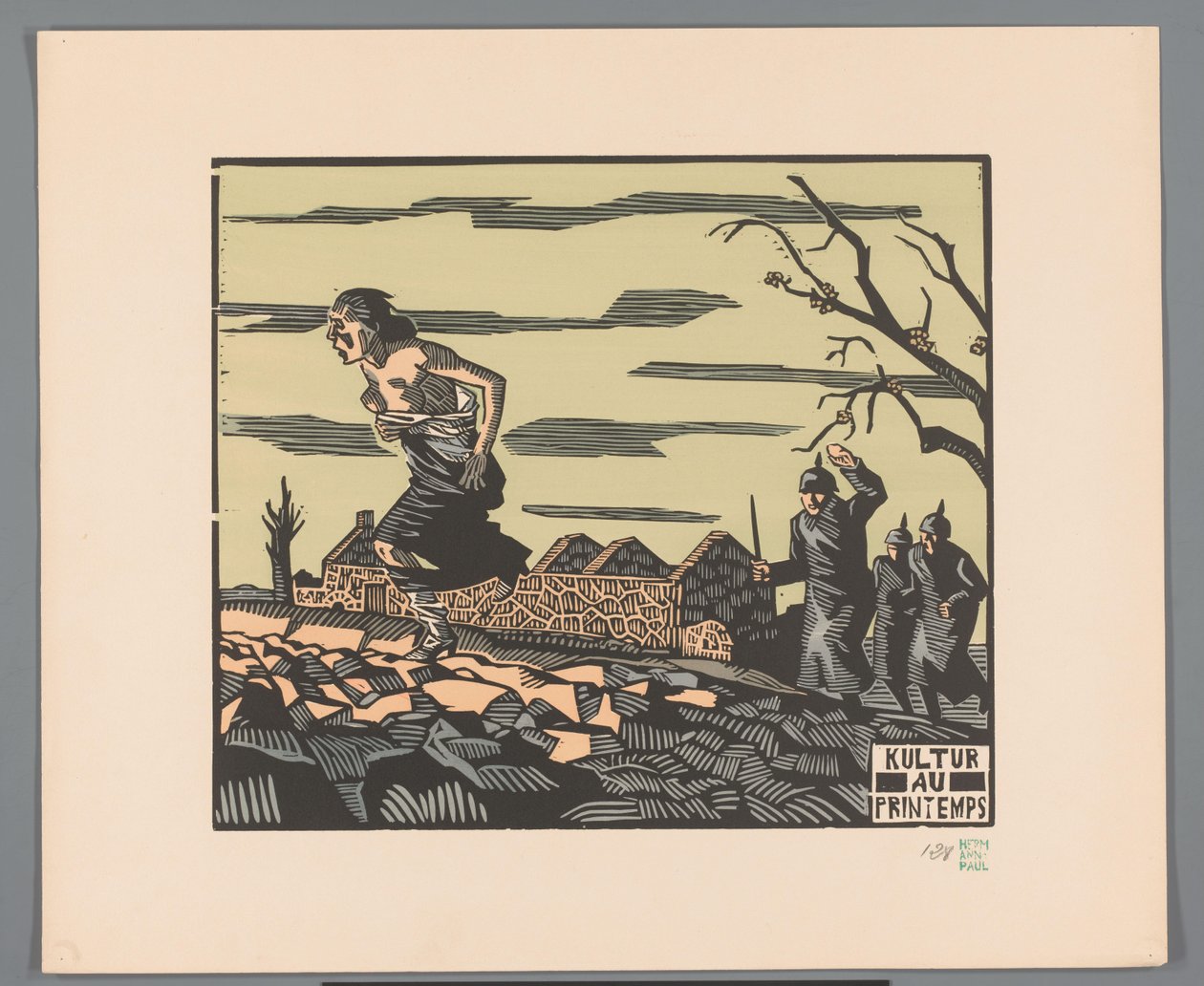 Egy nő félmeztelenül menekül három katona elől a mezőn Kultur au printemps (cím a tárgyon) alkotó: Georges Hermann Rene Paul