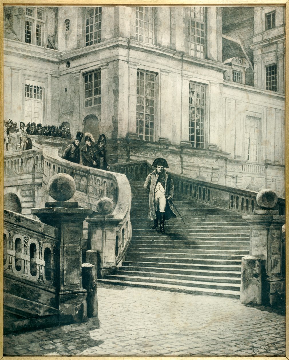 Napóleon a Fontainebleau, miután 1814. április 4-én lemondott a trónról – Georges Jules Auguste Cain (1856-1919) metszete alkotó: Georges Jules Auguste Cain