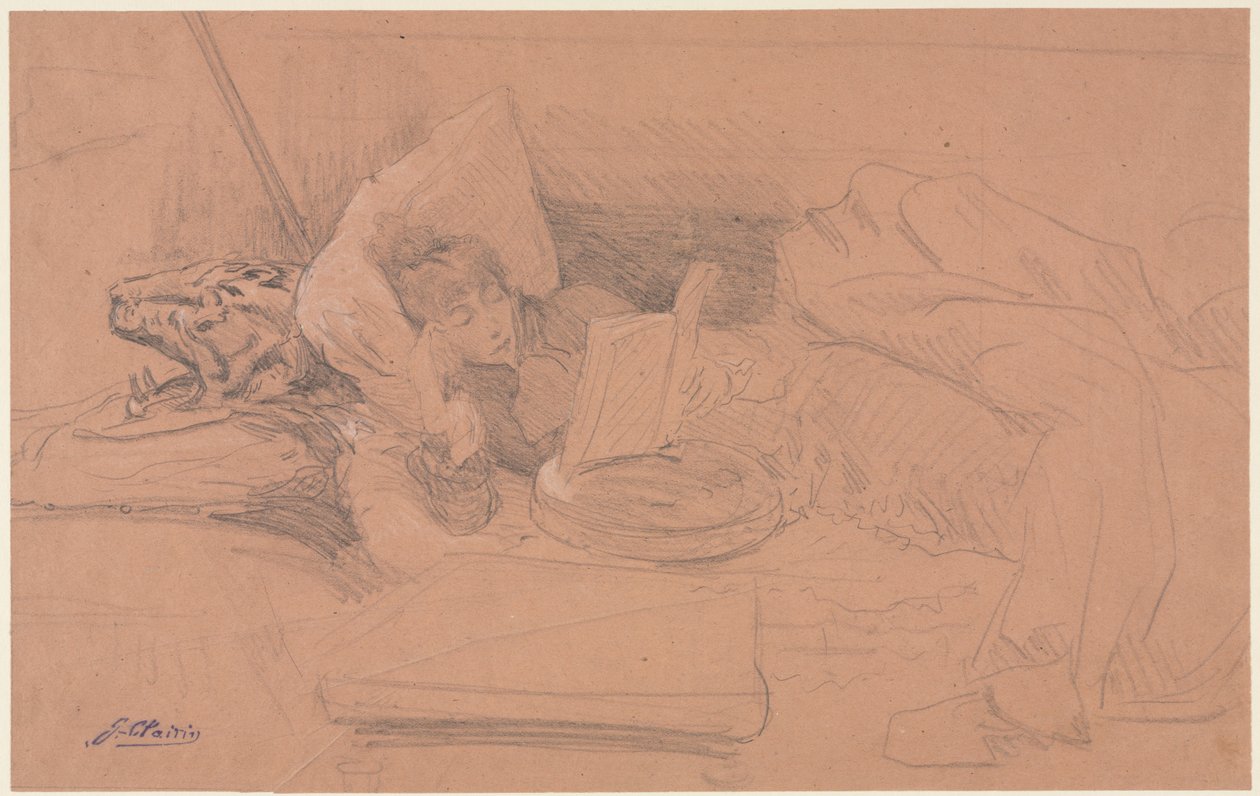 Sarah Bernhardt díván fekve, Olvasás, c. 1885-1890. alkotó: Georges Jules Victor Clairin
