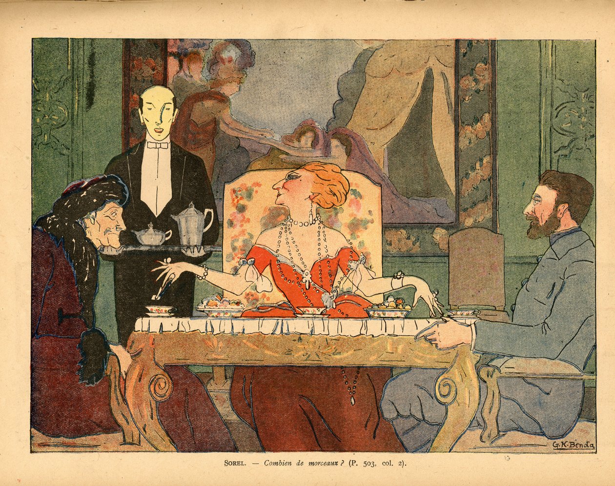 (Cecile Sorel és vendégei, egy hadsereg veteránja és Voltaire) alkotó: Georges Kugelmann Benda