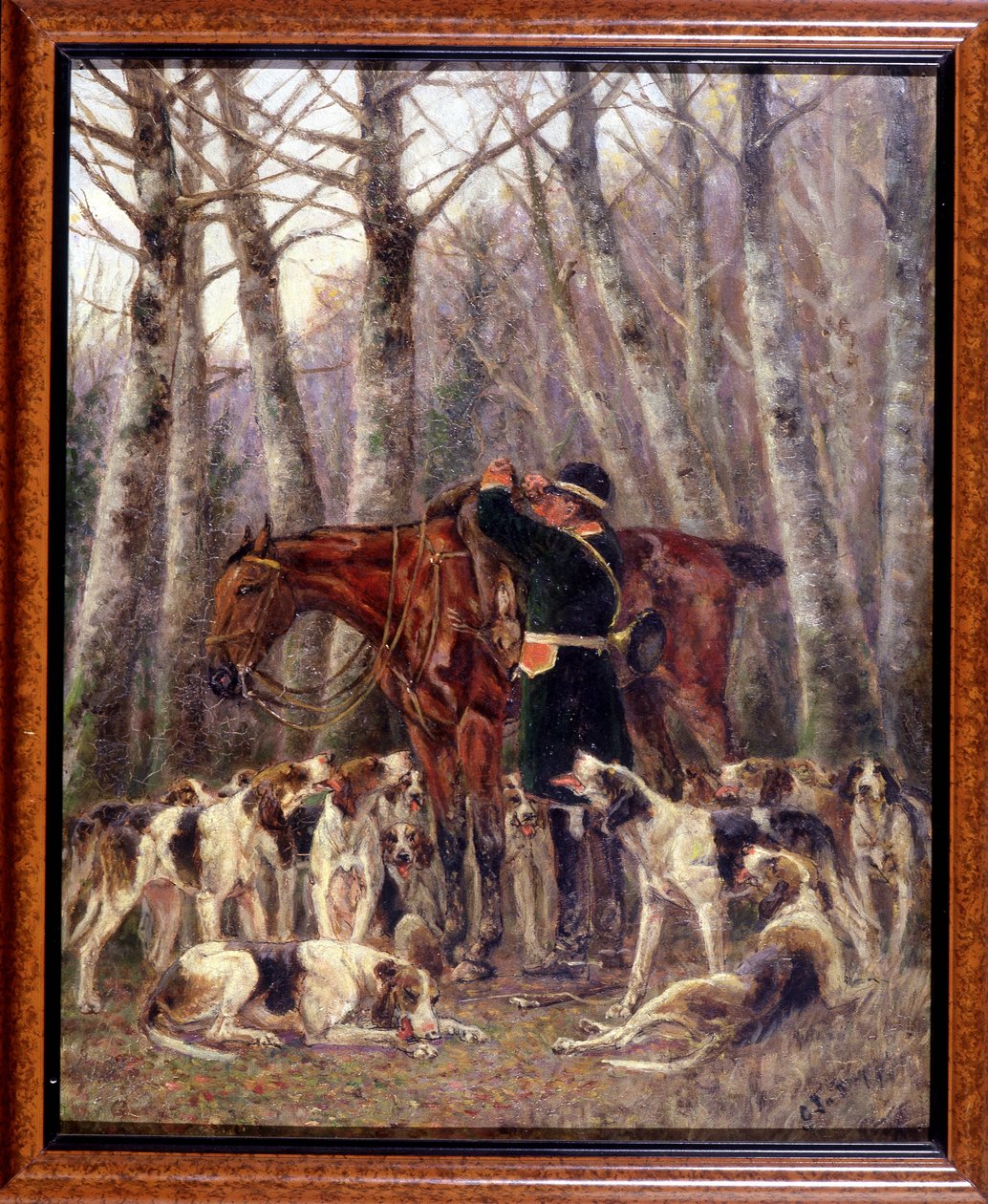 Egy lóvadászat során elejtett szarvas lovára rakodás – Georges La Roque rajza, 1900 körül alkotó: Georges La Roque