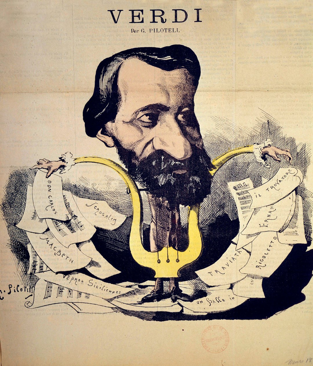 Giuseppe Verdi (1813-1901) zeneszerző rajzfilmje, Pilotell (1845-1918) 1869. március. Nemzeti Zenei Konzervatórium, Párizs alkotó: Georges Labadie Pilotell