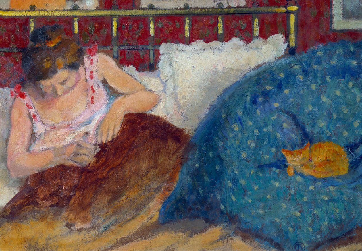Ágyban vagy nő macskával, Georges Lemmen (1865-1916) festménye 1900 V. 0,3x0,45 m Párizs, Muse d