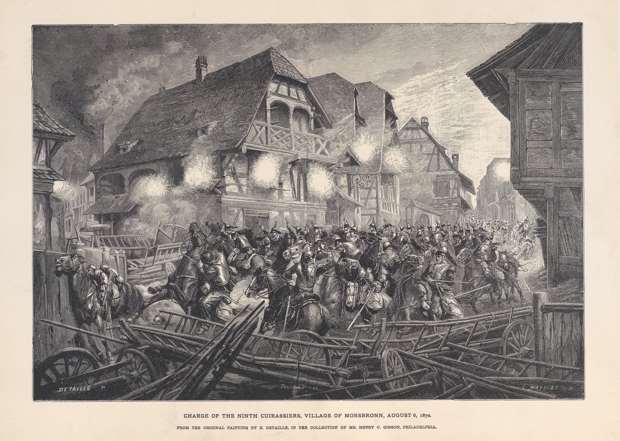 A Kilencedik Cuirassiers vádpontja, Morsbronn falu, 1870. augusztus 6., 1874-1900. alkotó: Georges Léon Alfred Perrichon