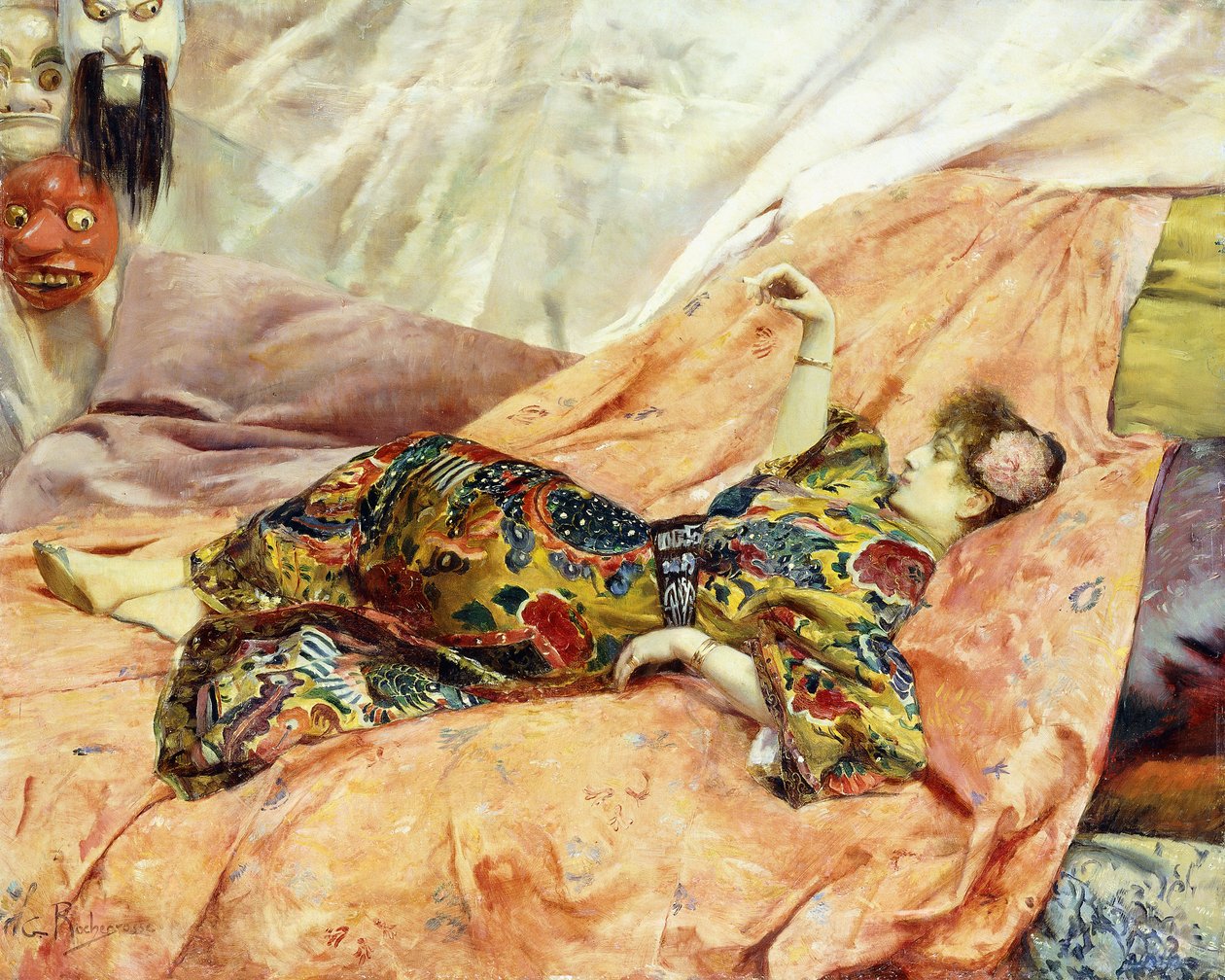 Sarah Bernhardt portréja, egy chinois belső térben fekve, alkotó: Georges Marie Rochegrosse