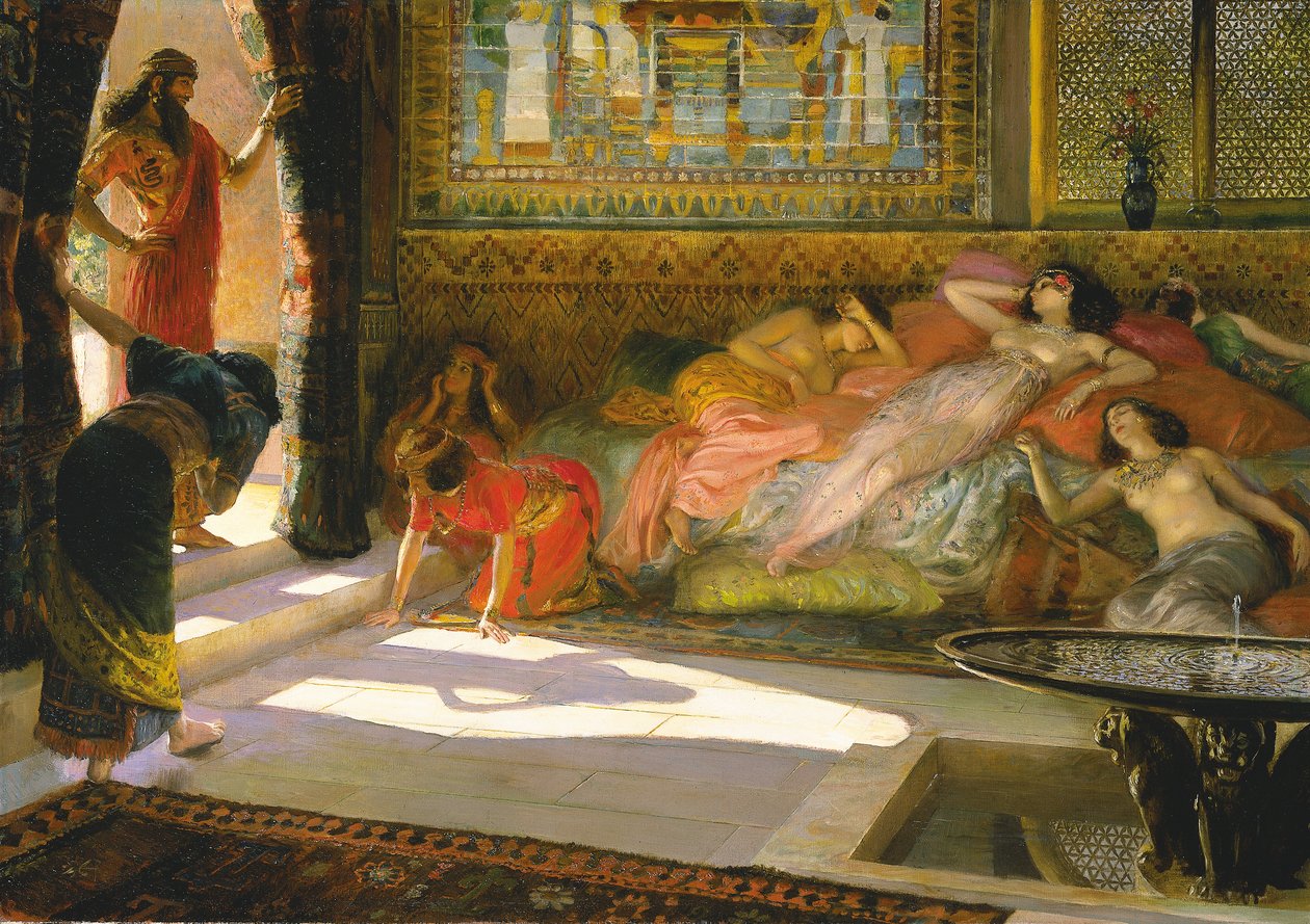 Új érkezés a Hárembe, Théba, 18. dinasztia, 1890 körül alkotó: Georges Marie Rochegrosse