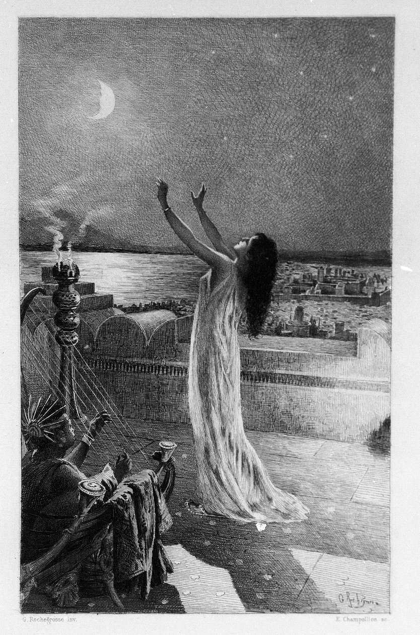 Salammbo, Hamilcar Barca (vagy Barcas) lánya imádkozik Tanithoz, a Hold istennőjéhez. Georges Antoine Rochegrosse (1859-1938) illusztrációja Gustave Flaubert „Salammbo” című regényéhez, a zsoldosháborút tekintve keretként a háború idején. Első pun alkotó: Georges Marie Rochegrosse