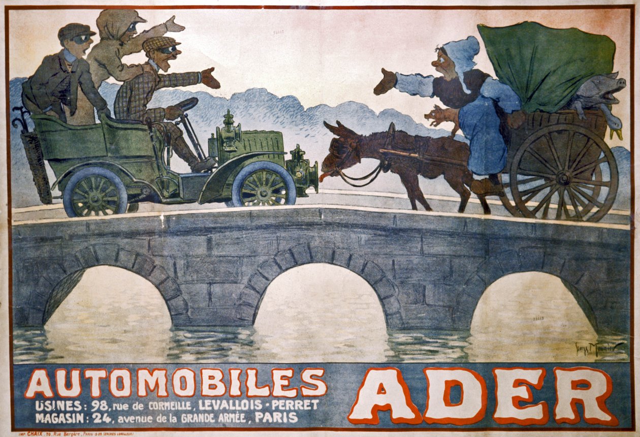 Konfliktus a szekér és az autó között, 1910 körül (plakát) alkotó: Georges Meunier