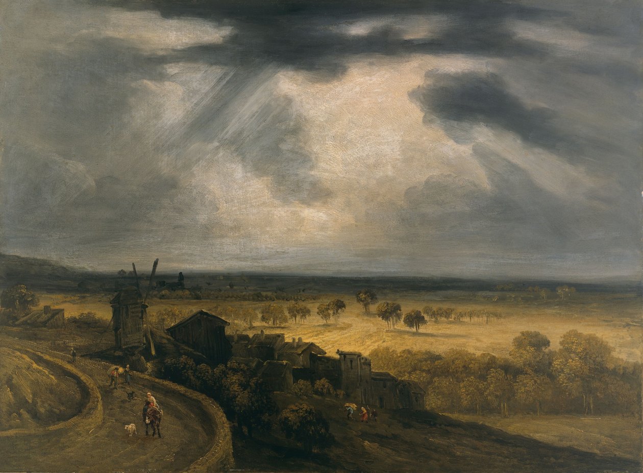 Montmartre-i tájkép szélmalommal, 1810-20 körül (olaj, papír, keménypapír, vászon) alkotó: Georges Michel