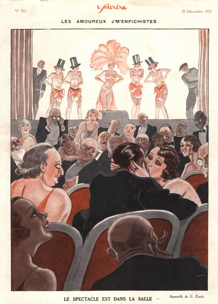 Előadás a teremben, illusztráció a „Le Sourire”-ból, 1931. december (színes litó) alkotó: Georges Pavis