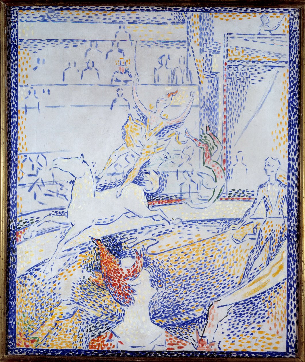 Cirkusz Egy táncos, aki műrepülő számot csinál lóháton és egy bohóc. Georges Seurat vázlata (1859-1891) 1891 V. 0,55x0,46 m Párizs, Muse d