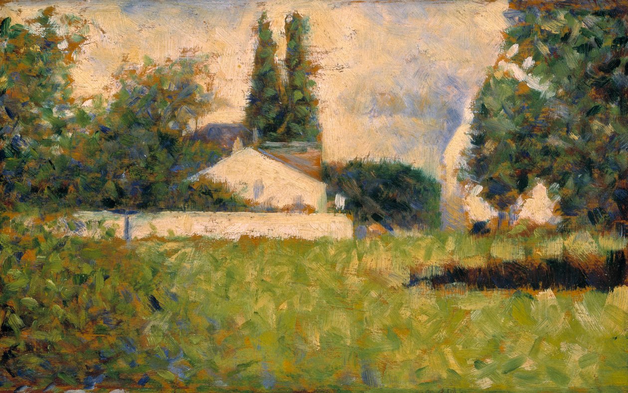 Ház a fák között / Maison dans les Arbres, 1883 körül (olaj, panel) alkotó: Georges Pierre Seurat