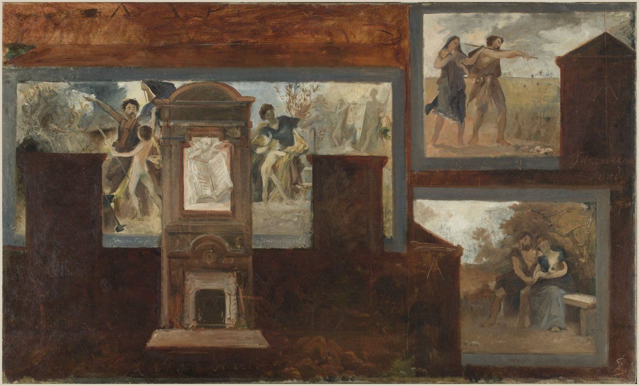 A 15. kerületi városháza vázlata: Polgári nevelés. Erkölcsi nevelés. A nőknek követniük kell a férjüket. Apaság. Anyaság, 1884-ben (olaj, vászon) alkotó: Georges Recipon