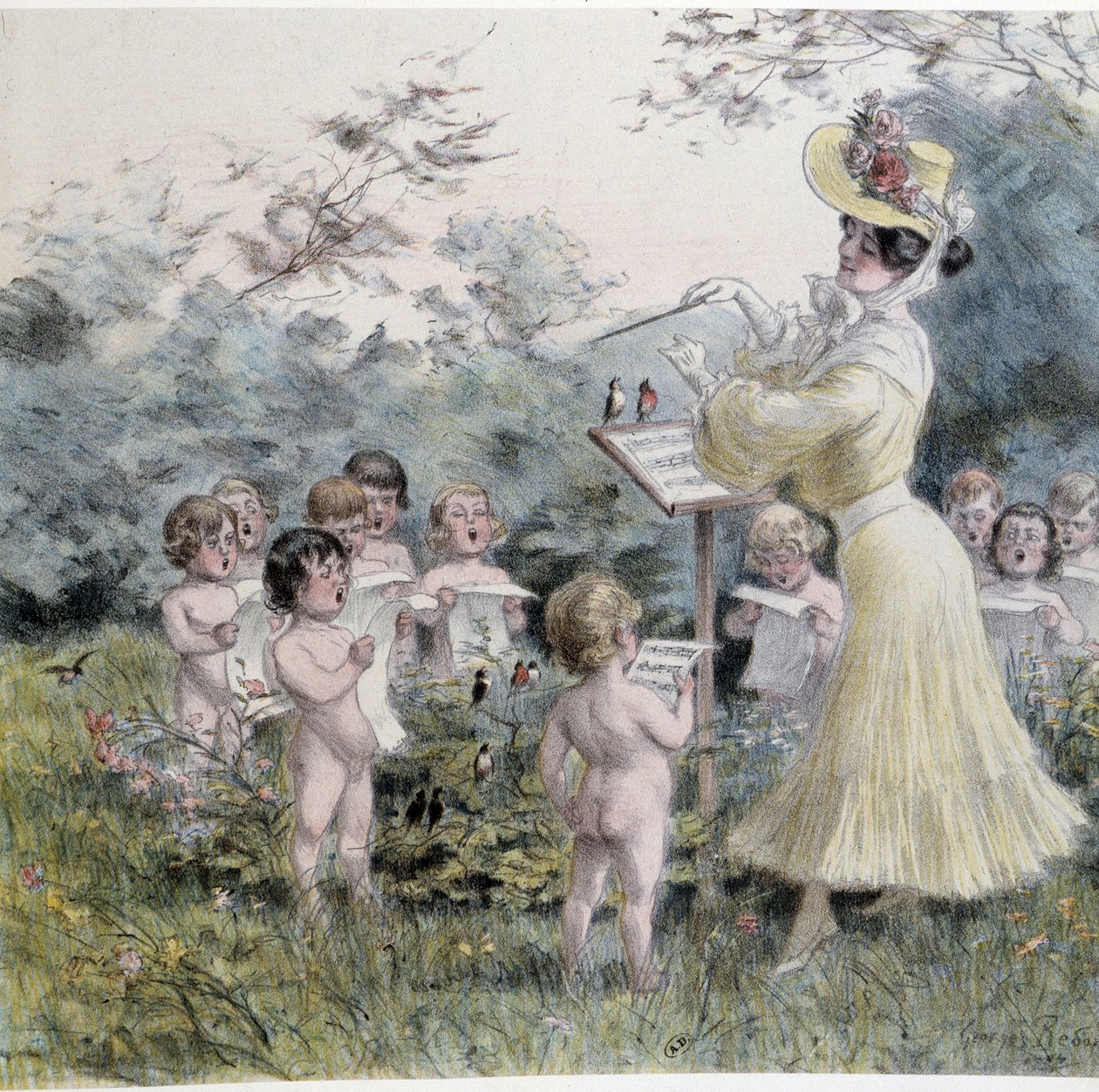 Amours: fiatal nő kerubinokat énekel alkotó: Georges Redon
