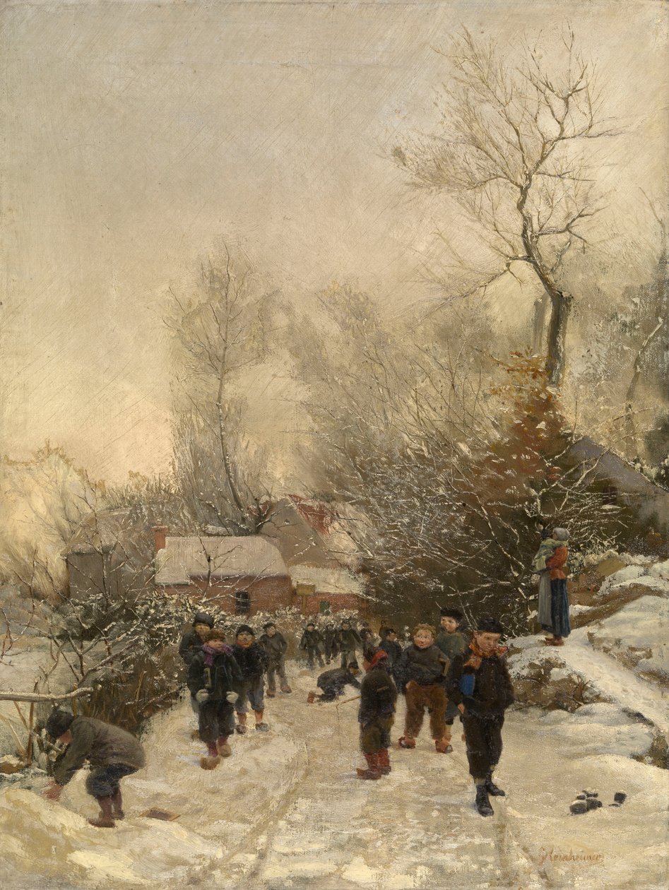 Falu gyerekekkel a hóban (olaj, vászon) alkotó: Georges Reinheimer