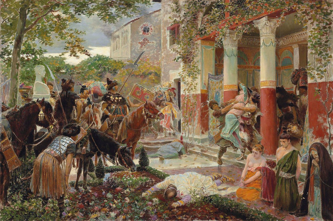 A hun Attila hordái által kifosztott római villa Galliában. „GRochegrosse” jelzéssel (jobbra lent). alkotó: Georges Rochegrosse