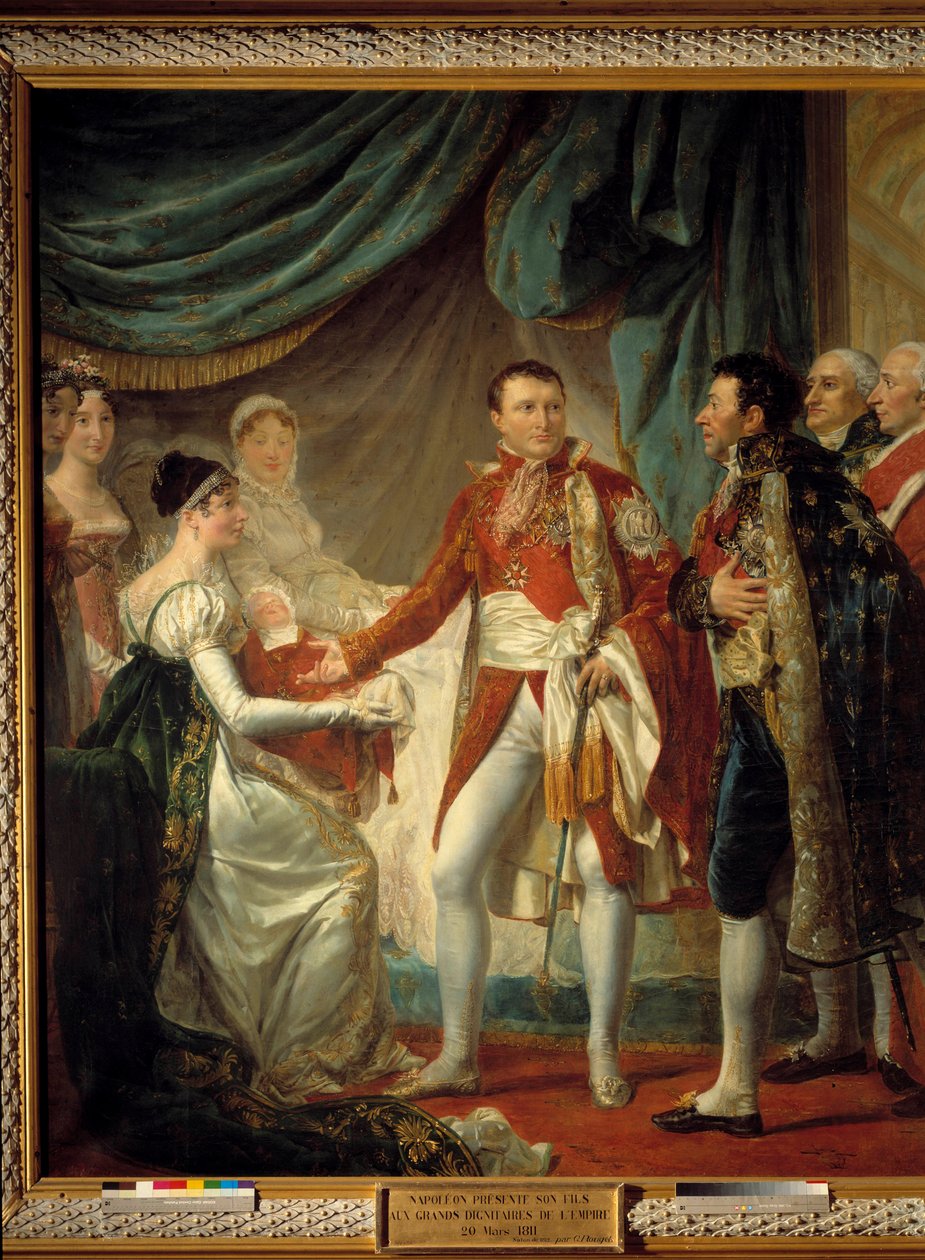 I. Napóleon császár 1811.03.20-án bemutatja fiát, Róma királyát a Birodalom előkelőinek Georges Rouget (1784-1869) Iimpress Marie Louise festményének jelenlétében, 1812 Sun. 2,60 x 2,20 m - Róma királyának bemutatása - Napóleon alkotó: Georges Rouget
