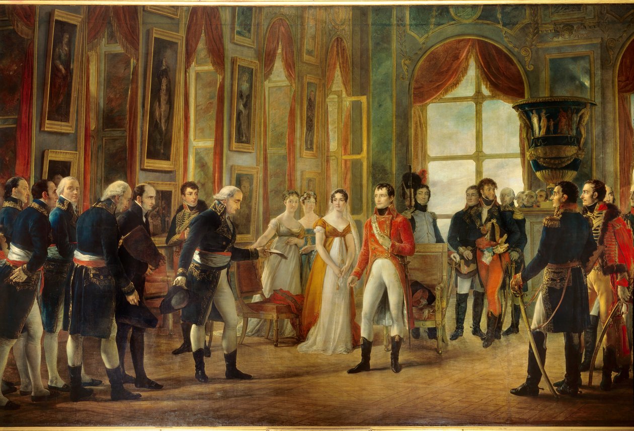 I. Napóleon (1769-1821) Saint-Cloudban fogadta a Senatus-Consulte-t, aki 1804.05.18-án a franciák császárává kiáltotta ki (Josephine császárnő mögött lánya, Hortense és sógornője, Marie-Annonciade, Caroline Bonaparte (1782-1839)). Je alkotó: Georges Rouget
