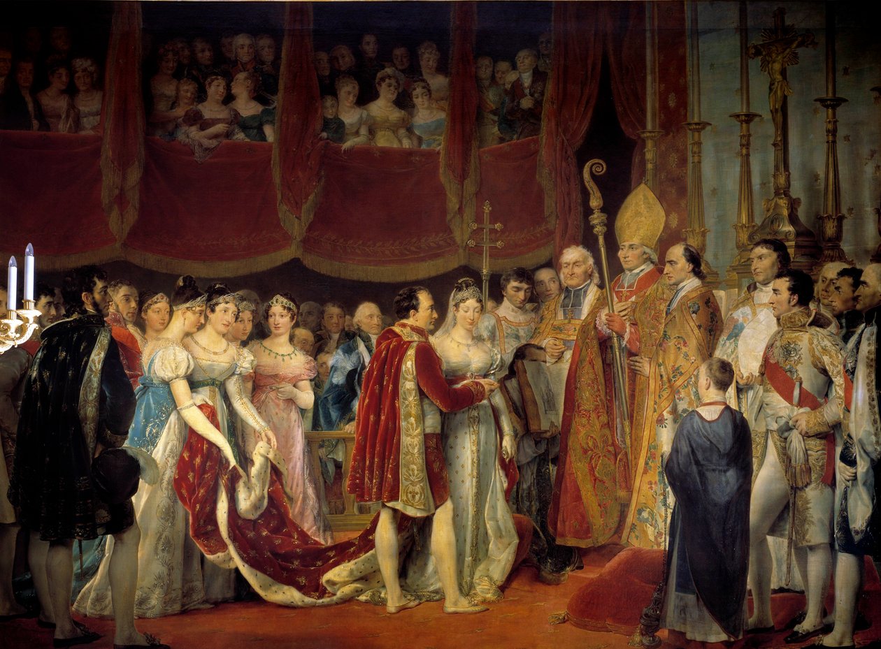 I. Napóleon (1769-1821) vallási házassága Habsburg-Lotaringiai Marie Louise főhercegnővel (1791-1847), 1810.02.04. a Salon carre du Louvre-ban Georges Rouget (1783-1869) festménye 19. század V. 3,67x4,94 m. - I. Napóleon vallási házassága (17 alkotó: Georges Rouget