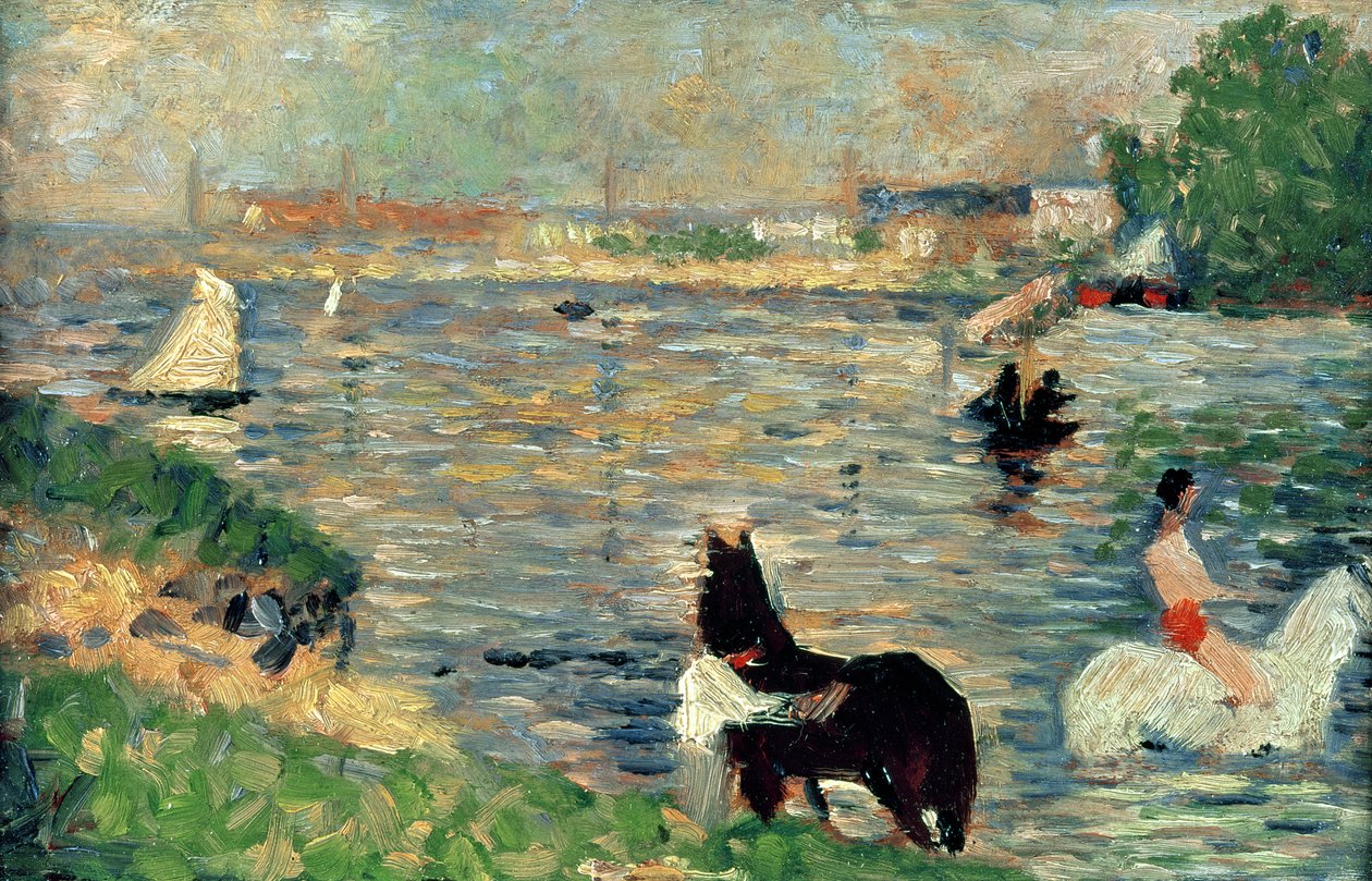 Lovak a folyóban, 1883 körül (panel) (tanulmány Baignade számára) alkotó: Georges Seurat