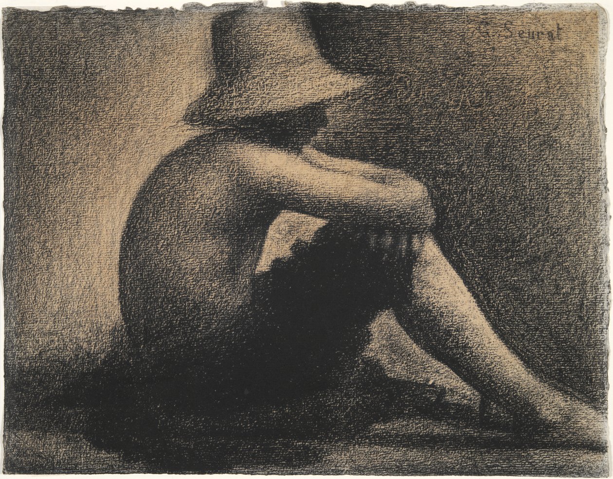 Ülő fiú szalmakalapban, fürdőzők tanulmánya Asnieresben alkotó: Georges Seurat