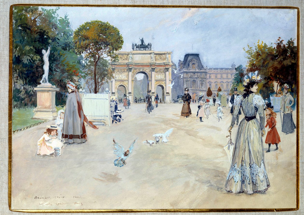 Kilátás a párizsi Tuileriák kertjére A kert az elegáns séták egyik párizsi helyszíne volt. Georges Stein gouache (1870-?) 20. századi DR magángyűjtemény alkotó: Georges Stein