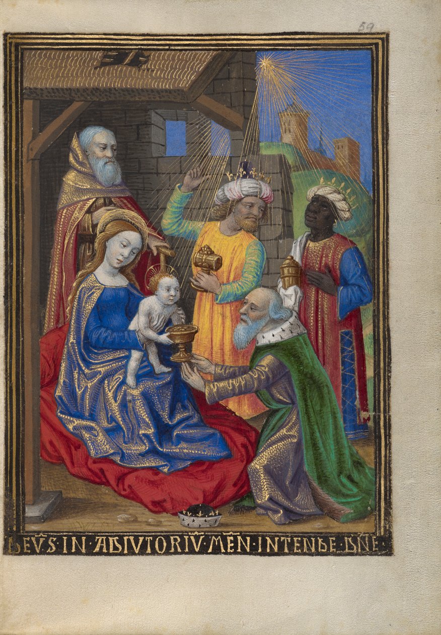 A mágusok imádása órakönyvből Ms. 48 fol. 59, 1480-90 körül (tempera, aranylevél és tinta pergamenen) alkotó: Georges Trubert