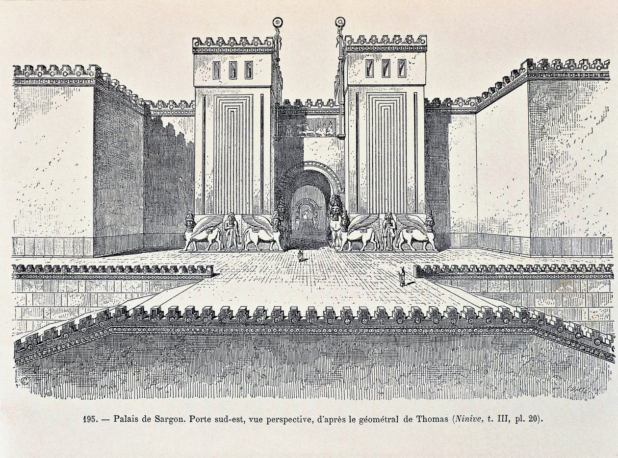 A Sargon-palota délkeleti kapujának rekonstrukciója Dur-Sarrukinban ("Sargon erőd"), ma Khorsabad (rézkarc) alkotó: Georges and Chipiez Charles Perrot