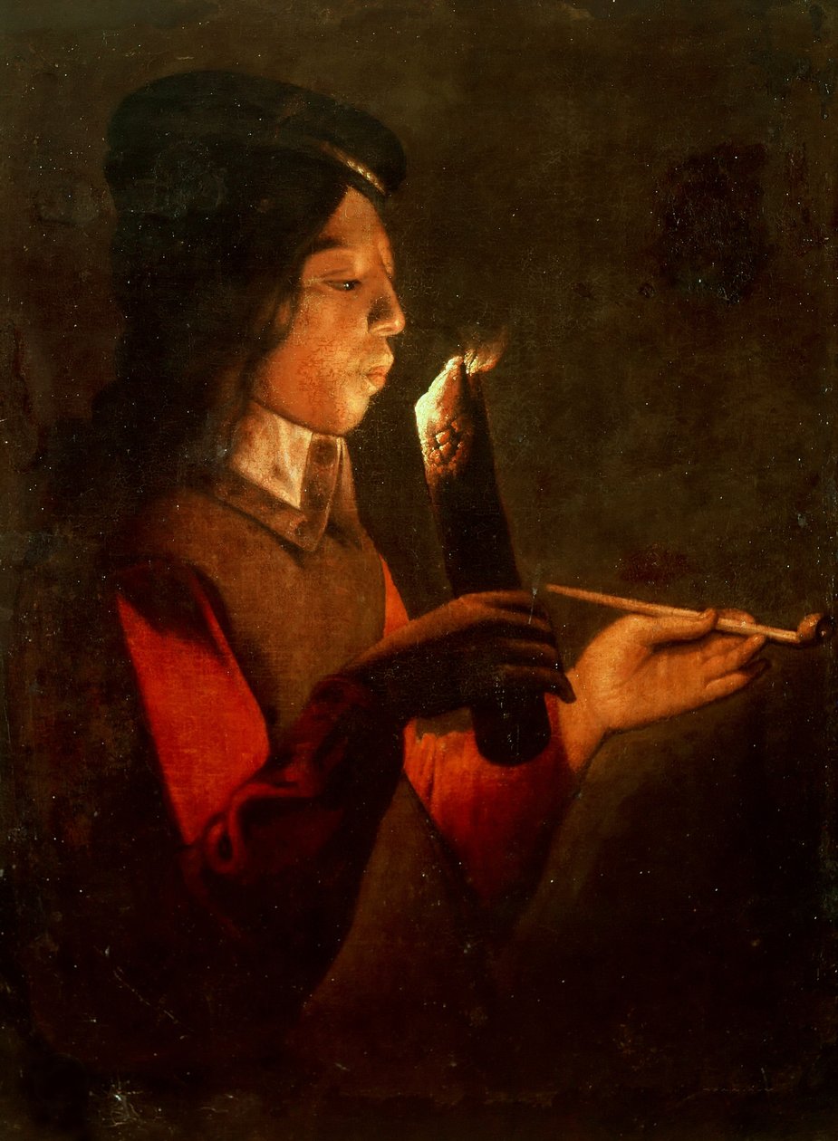 Fiatal fiú pipával, aki a Le Souffleur à la pipáját fújja. alkotó: Georges de, La Tour