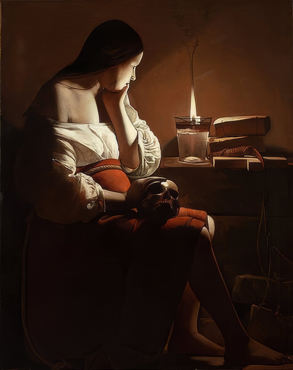 Mária Magdolna susogó lánggal. 1638-40 körül alkotó: Georges de La Tour