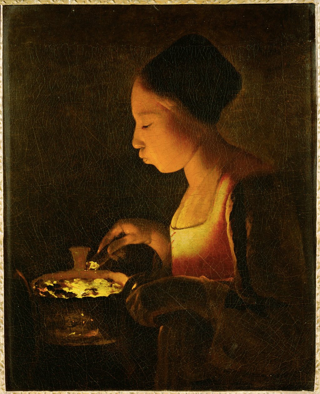Girl Blowing on a Brazier (festmény, vászon) alkotó: Georges de la Tour