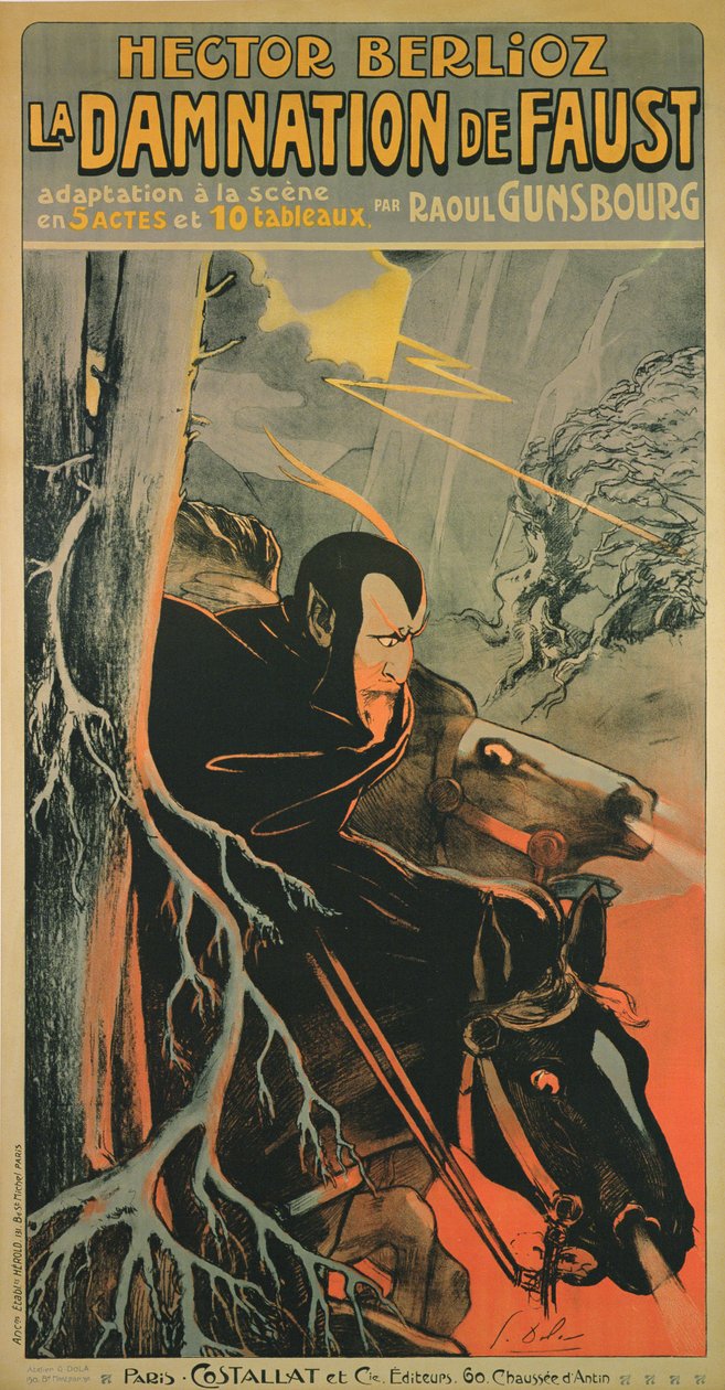 Plakát, amely egy párizsi produkciót hirdet: "A Faust kárhozat", Hector Berlioz, 1910 körül (színes litográfia) alkotó: Georges pseudonym of Edmond Vernier Dola