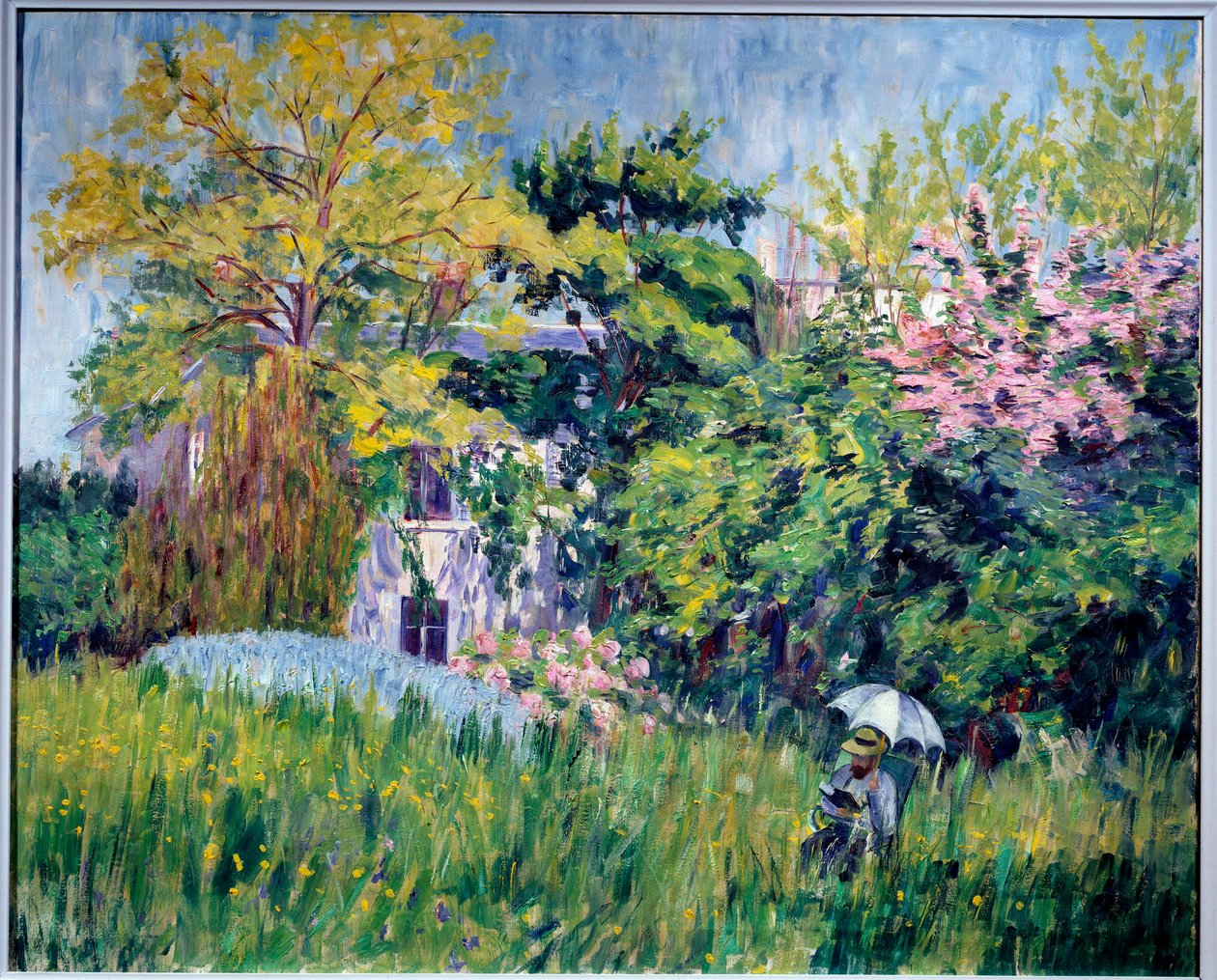Bonnieres kertje Egy olvasó esernyő alatt van a magas fűben. Georgette Agutte (1867-1922) festménye 1909-1910. Olaj, vászon, 81 x 100 cm. Grenoble, musee des Beaux Arts – Bonnieres kertje. Olvasó egy esernyő alatt a magas fűben. Pa alkotó: Georgette Agutte