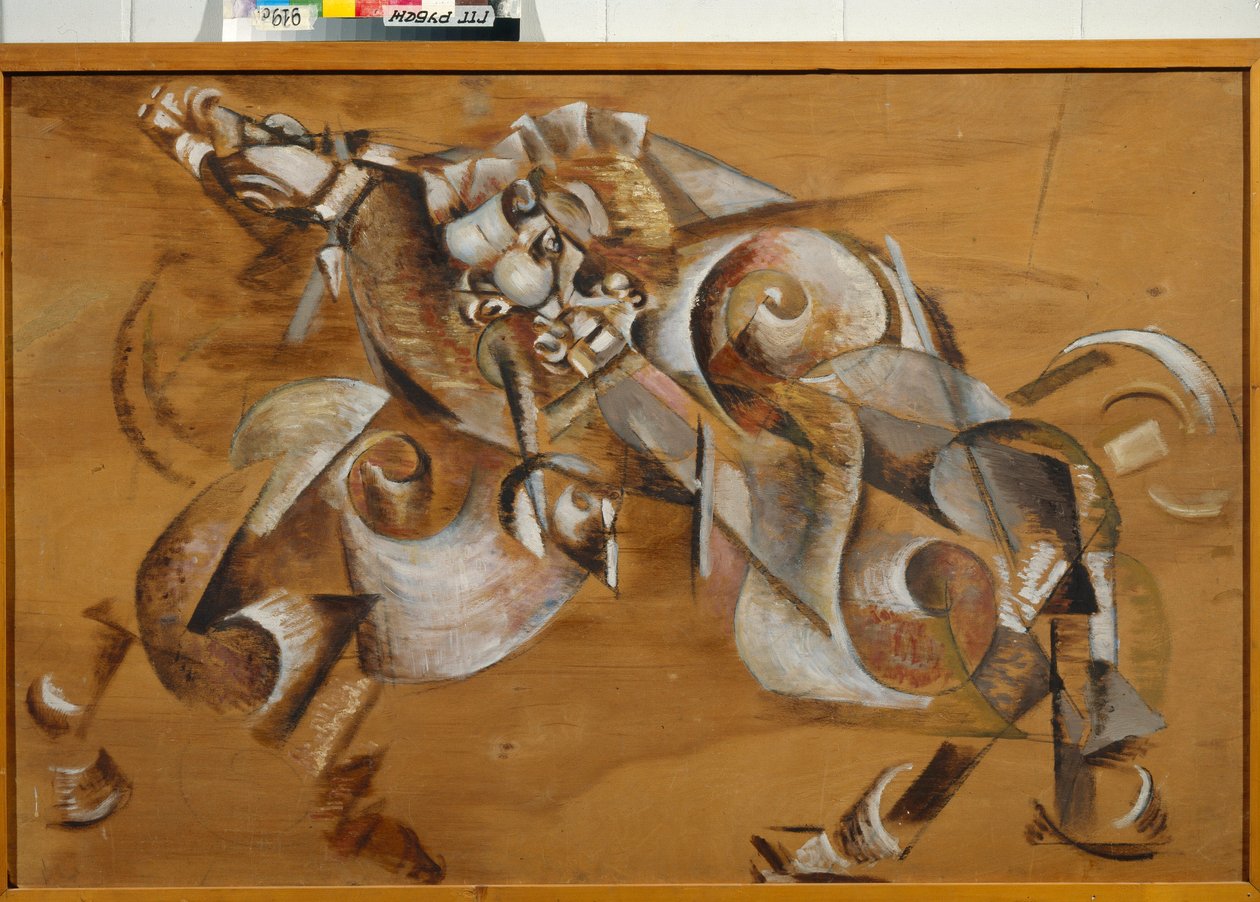 ""Oroszlán támad egy lovat"" (Oroszlán támad egy lovat) Georgi Yakulov (1884-1928) festménye Olaj, játszófa 1917-1918 Méret 99x149 cm Állami Tretyakov Galéria, Moszkva alkotó: Georgy Bogdanovich Yakulov