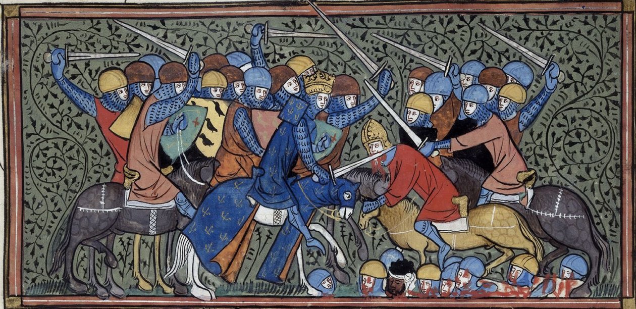 Martell Károly legyőzi Eudót és a szaracénokat, Grandes chroniques de France, Royal 16 G.VI, f.117v, 1332-1350 körül (22727638241). alkotó: Georgia Levan Ramishvili from Tbilisi