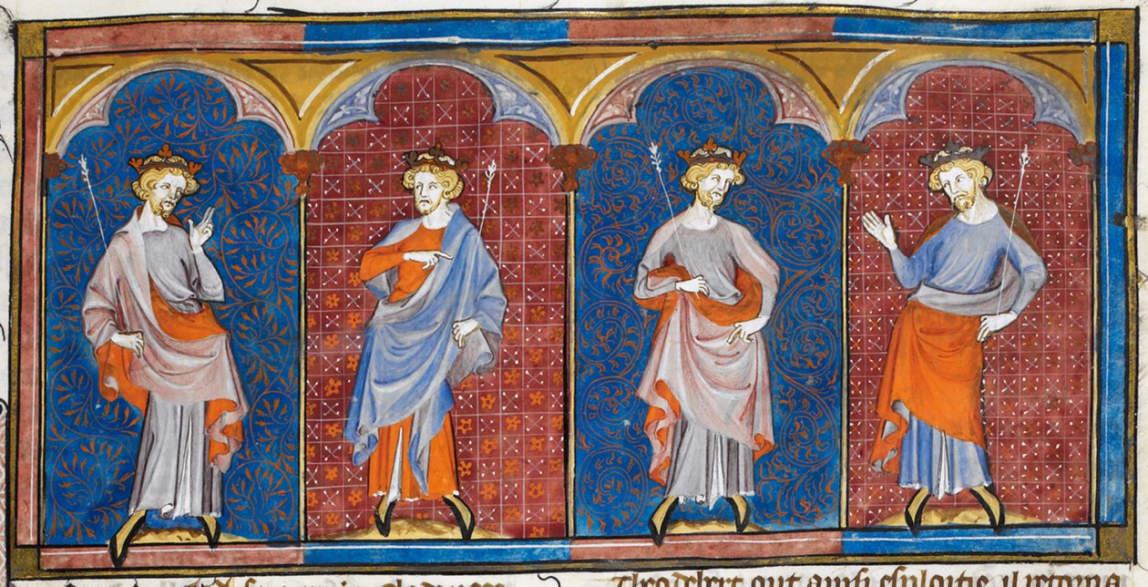 Clodomire, Childebert, Theodoric és Clothaire, a Chroniques de France ou de St Denis című kötetből, 14. század (22093692824) alkotó: Georgia Levan Ramishvili from Tbilisi