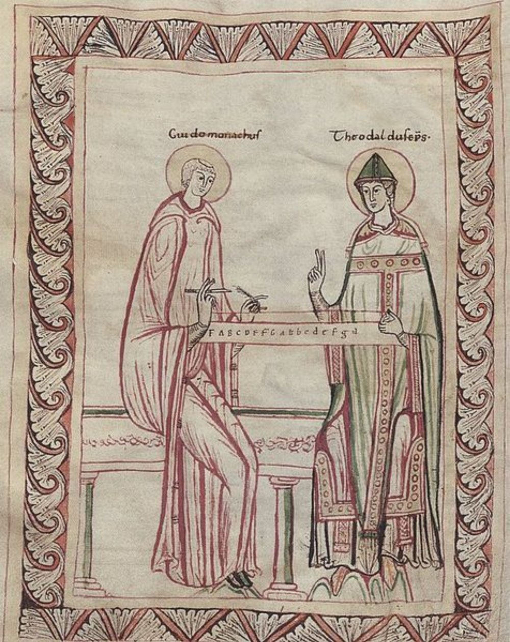 Arezzói Guido és Tedald püspök monochordon dolgoznak, 11. századi miniatúra (21954743795) alkotó: Georgia Levan Ramishvili from Tbilisi