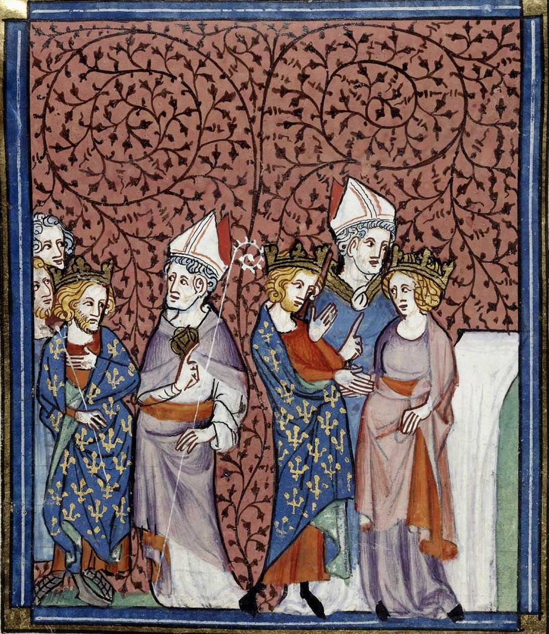 I. Henrik püspöki küldése és házassága Annával, Grandes chroniques de France, Royal 16 G.VI, f.269v, 1332-1350 körül (22727649151). alkotó: Georgia Levan Ramishvili from Tbilisi