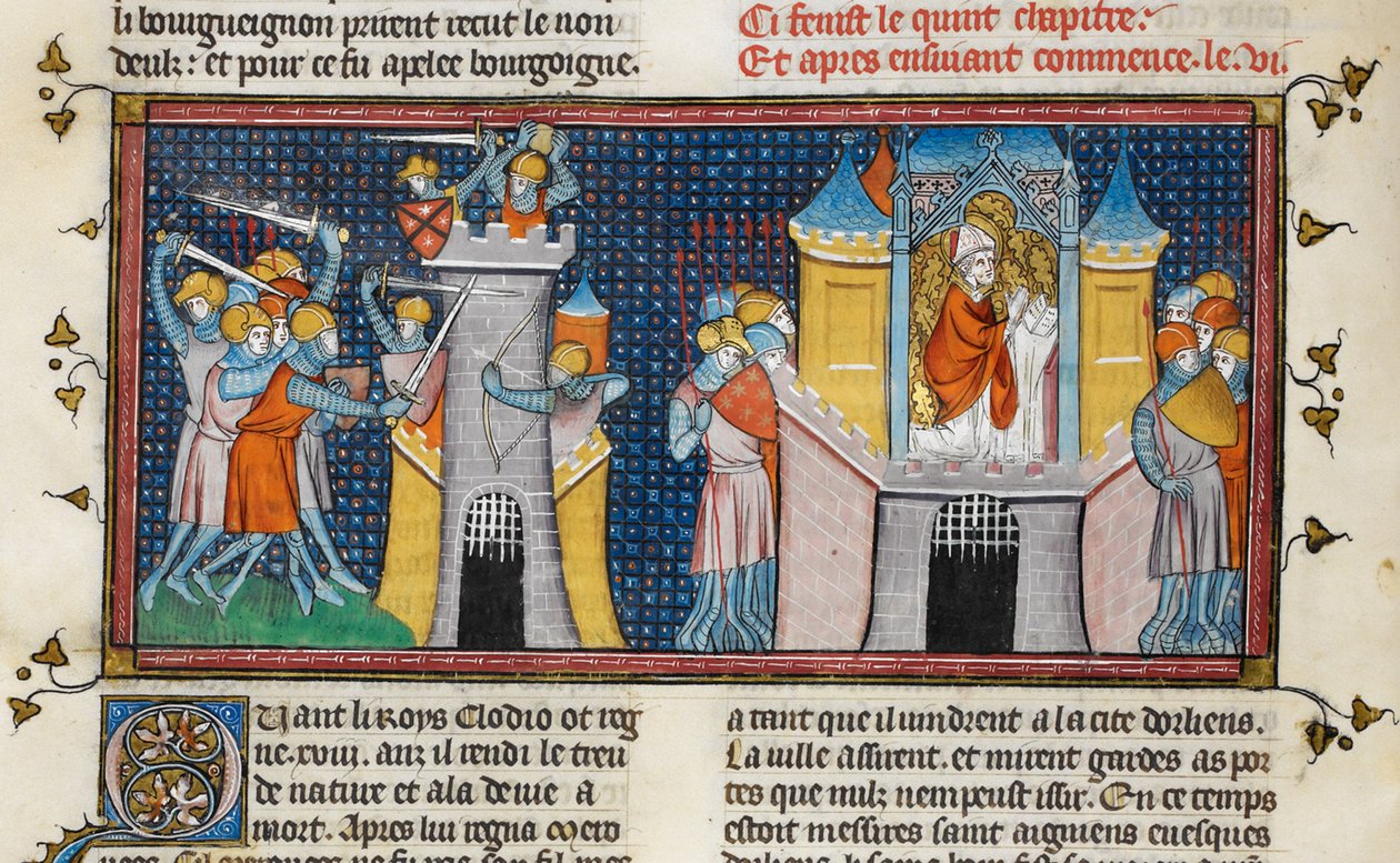 A hunok kifosztják Orleans-t, Agnan imája, a Chroniques de France ou de St Denis című könyvből, 14. század (22716441545) alkotó: Georgia Levan Ramishvili from Tbilisi