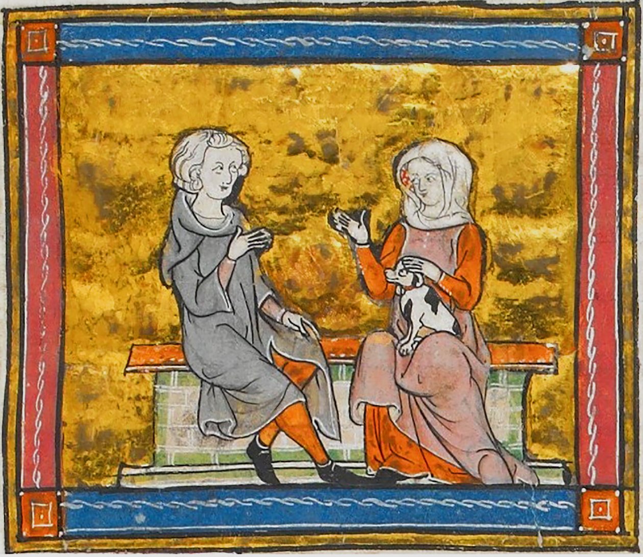 Lancelot beszélgetésben egy hölggyel, aki egy kis fekete-fehér kutyát tart a kezében, Morte Artu, 1315-1325 körül (41067329535) alkotó: Georgia Levan Ramishvili from Tbilisi