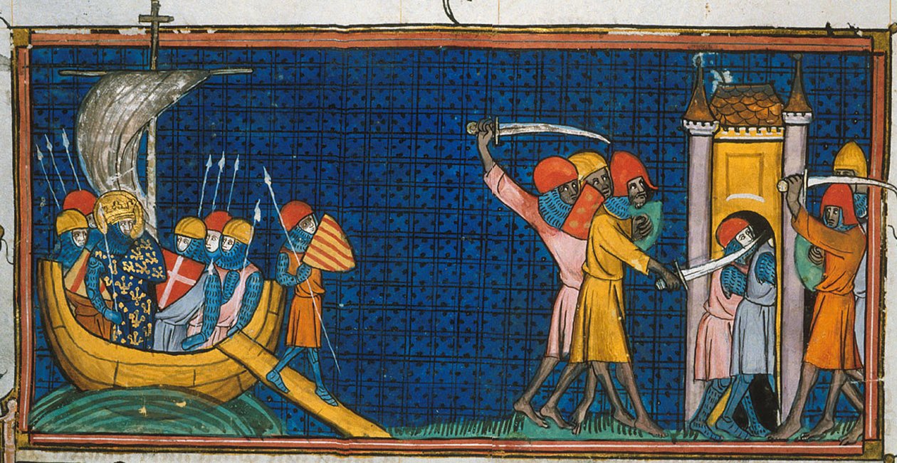 IX. Lajos partraszállása Tuniszban, és a franciák elzárása a szaracénoktól a toronyban, a Chroniques de France ou de St Denis című könyvből, 14. század (22528512660). alkotó: Georgia Levan Ramishvili from Tbilisi