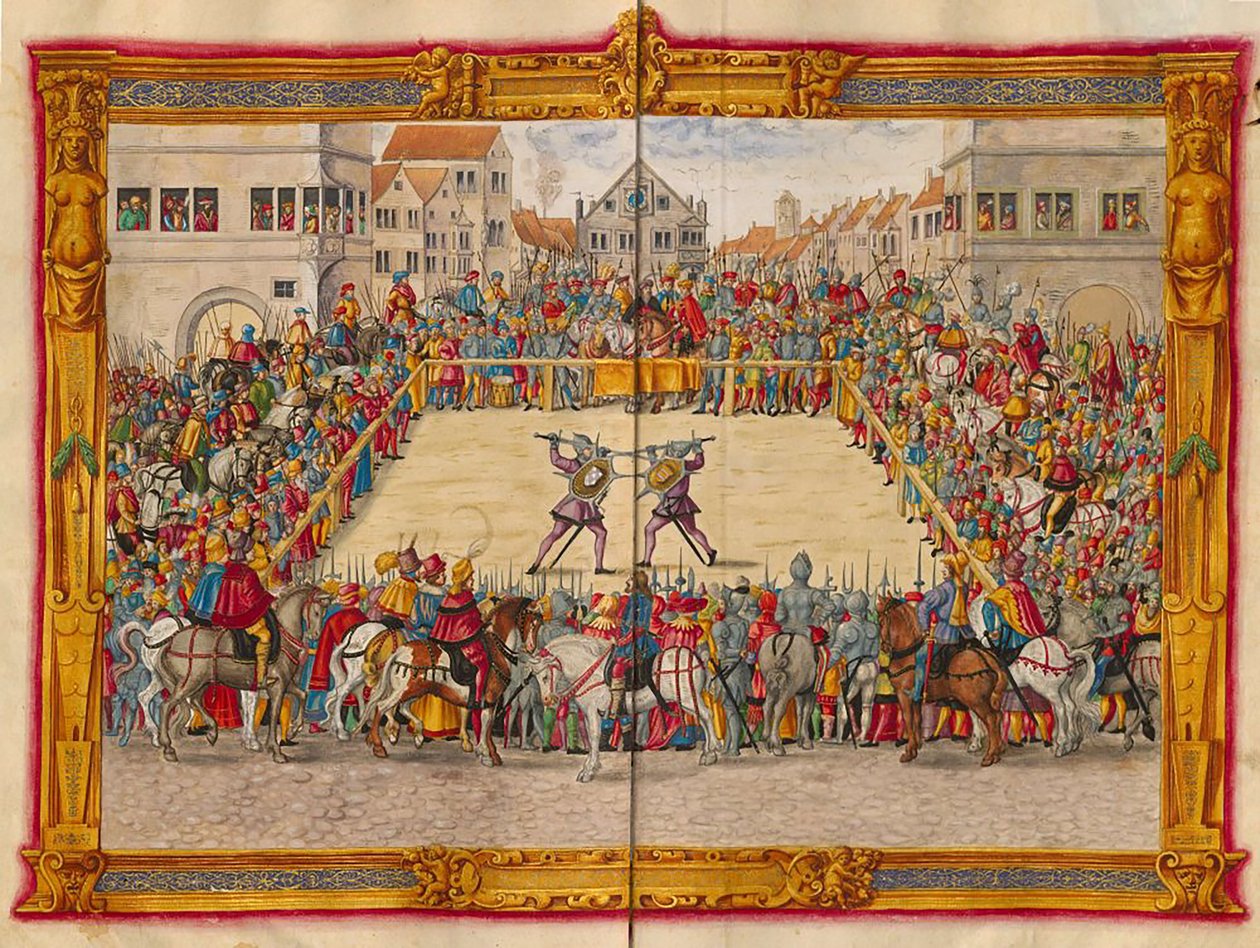 Wilhelm von Dornsberg marsall és Theodor Haschenacker párbajoznak az augsburgi borpiacon, Jörg Breu az ifjabb Fechtbucher című művéből, 1544 körül (48108343966). alkotó: Georgia Levan Ramishvili from Tbilisi