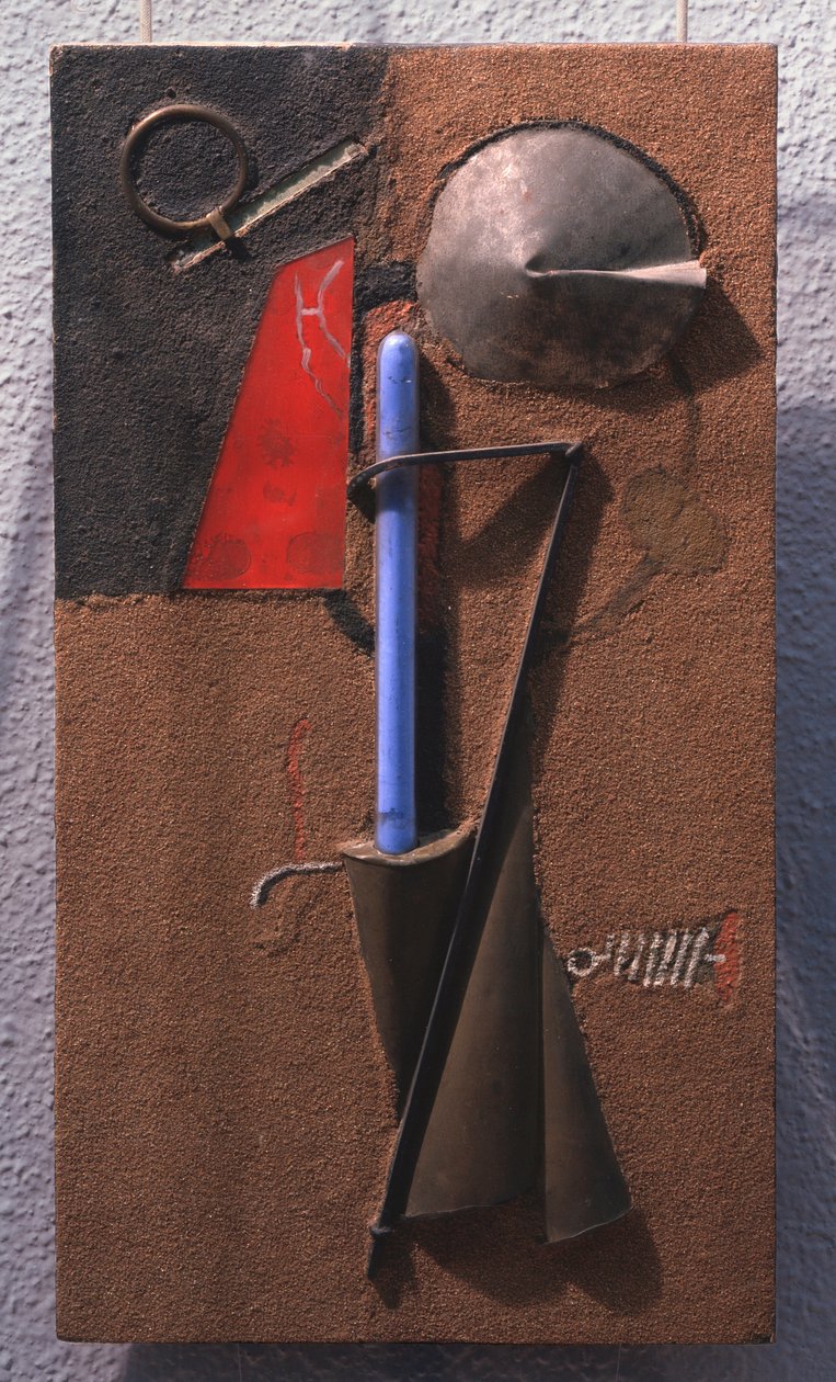 Színes anyagkonstrukció, 7. szám (csendélet). Georgi Avgustovich Stenberg (1900-1933) munkája, fa, fém, üveg, homok fán alkotó: Georgii Avgustovich Stenberg