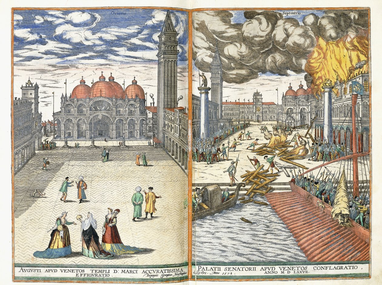 A Piazza San Marco és a Palazzo Senatorii tűzvész, 1577-8. alkotó: Georgius Housnaglius
