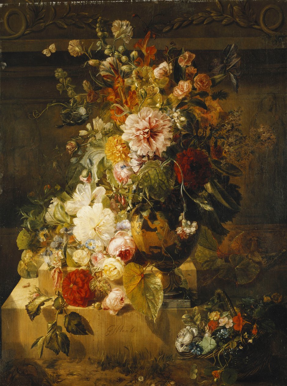 Rózsa, Convolvuli, Szegfű, Hollyhocks, Bazsarózsa, Orgona és egyéb virágok vázában, alkotó: Georgius Jacobus Johannes van Os