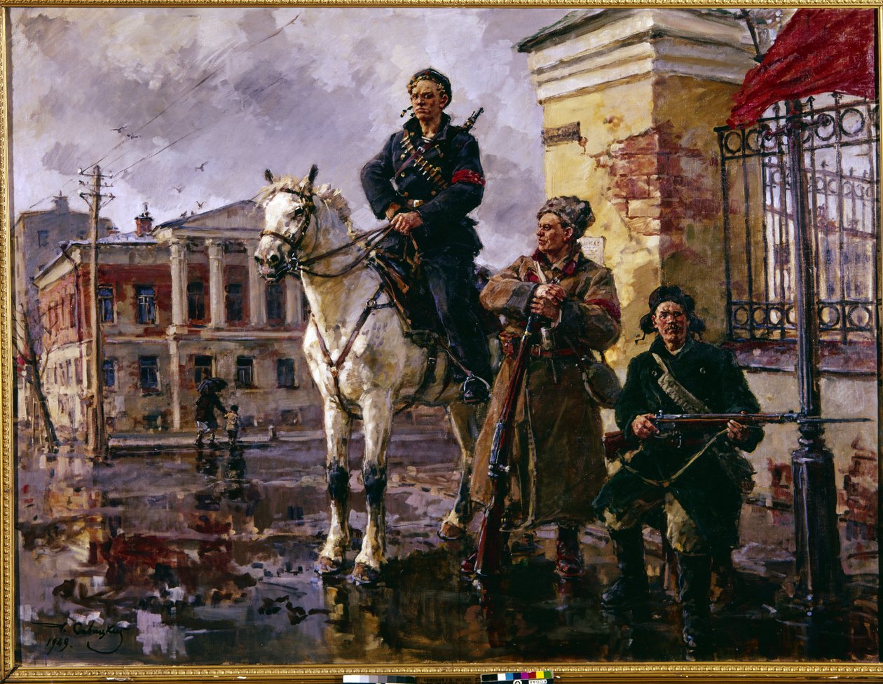 1917. októberi orosz forradalom: ""október első napjai"" (október első napjai). A szentpétervári Téli Palota elfoglalása 1917. október 25-én, a Vörös Gárda és a bolsevikok által vezetett támadás. George festménye (Georgy, Georgi) alkotó: Georgiy Konstantinovich Savitsky
