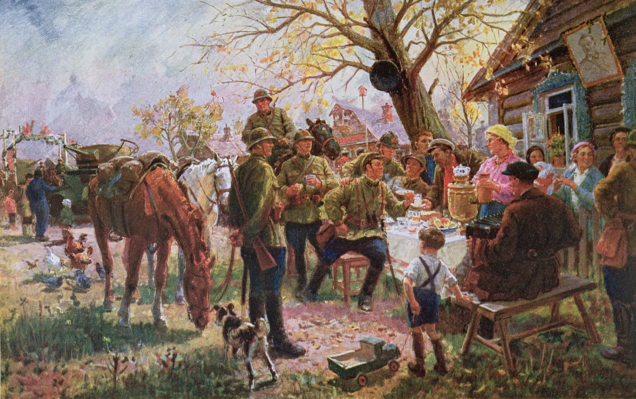 A Vörös Hadsereg manőverező katonáit egy kolhozban fogadják és pihenik alkotó: Georgiy Konstantinovich Savitsky