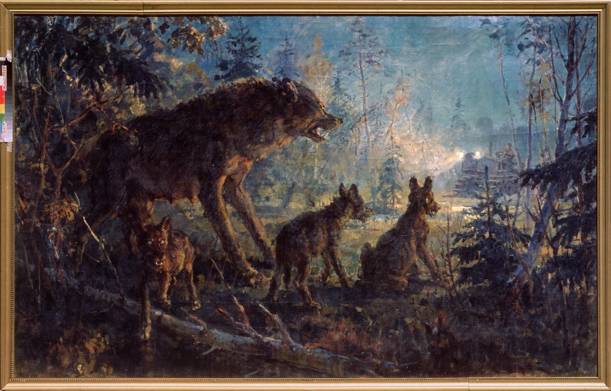 Találkozás az erdőben (Farkas és kölykei traktorral szemben, éjszaka) - Találkozás az erdőben - George (Georgy, Georgi) Konsztantyinovics Savitsky (1887-1949) festménye, olaj, vászon alkotó: Georgiy Konstantinovich Savitsky